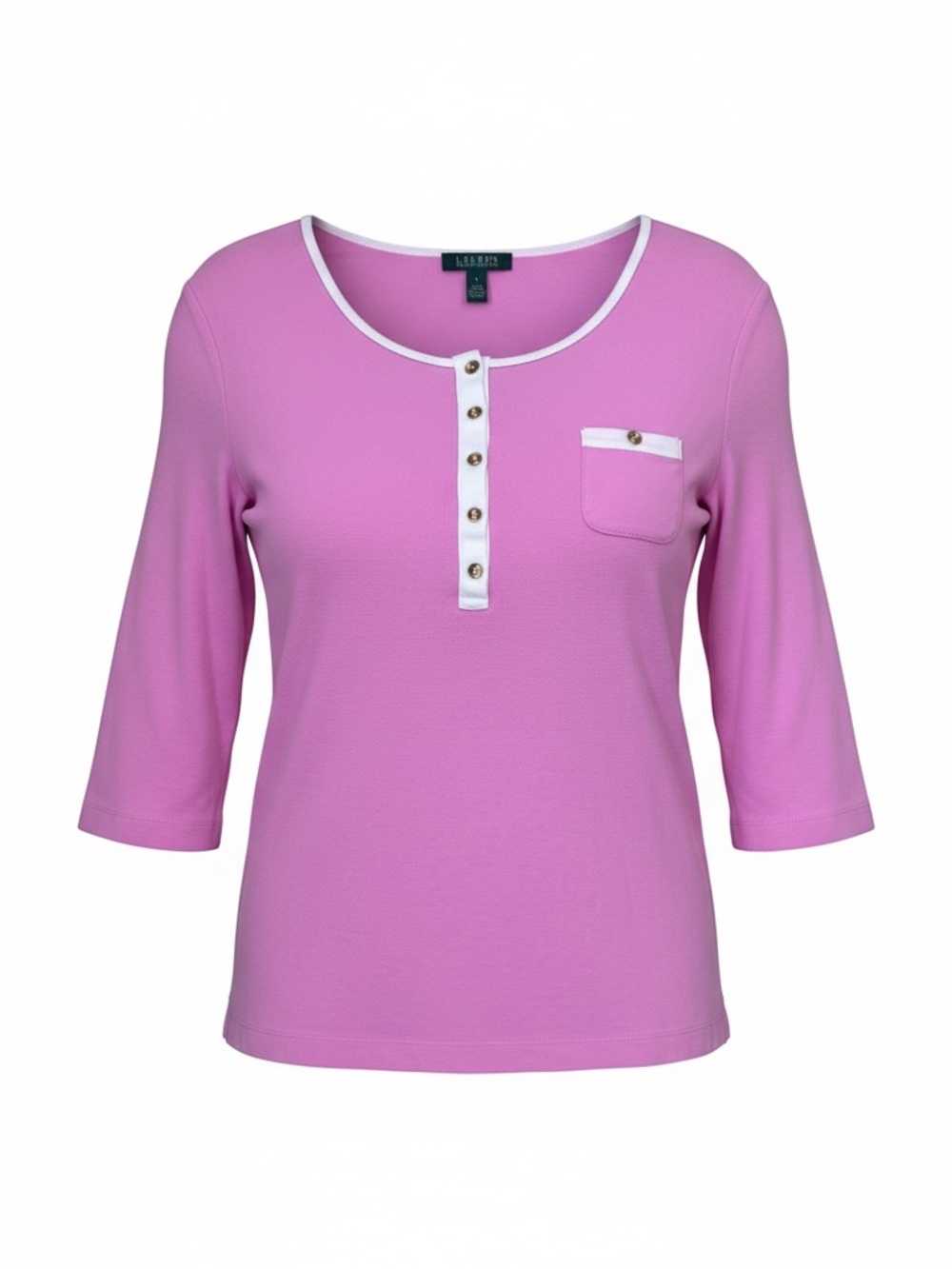 Lauren Ralph Lauren Womens Cotton 3/4 Sleeve Button-Up Top Pink Size Large